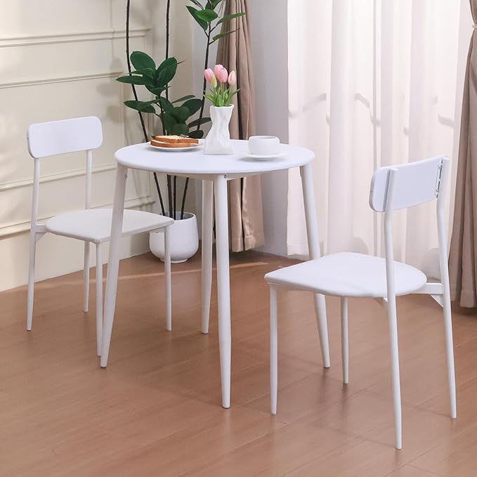 Walsport Round Dining Table Set for 2, 3-Piece Wood Tabletop Samill Kitchen Table and Chairs with Strong Metal Frame, Space-saving Modern Dinette with Chairs for Living Room, Apartment, Office (White)
