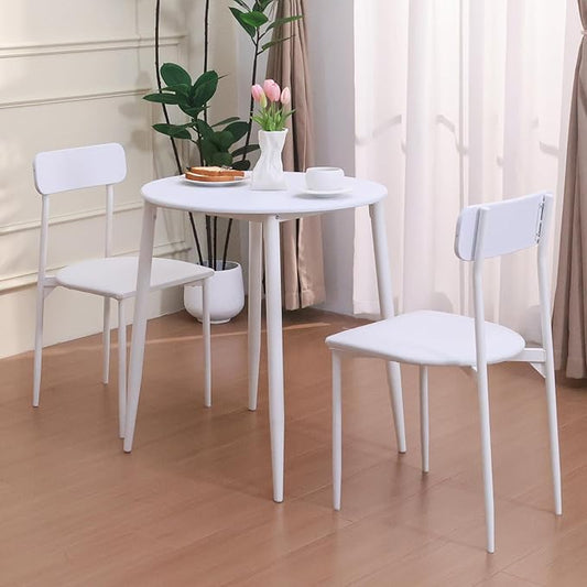 Walsport Round Dining Table Set for 2, 3-Piece Wood Tabletop Samill Kitchen Table and Chairs with Strong Metal Frame, Space-saving Modern Dinette with Chairs for Living Room, Apartment, Office (White)