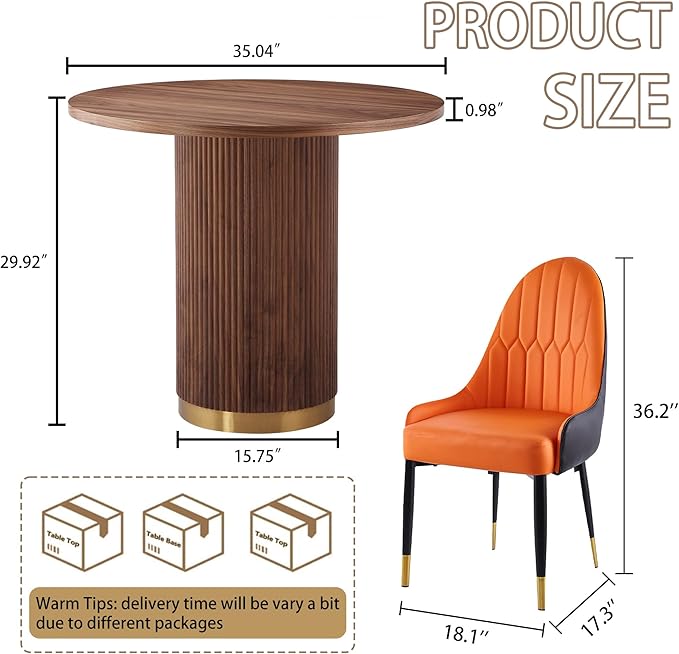 AF ARTISAN FURNITURE Modern Farmhouse Dining Table Set, 35.04" Round Table with 4 Leather Chairs, Wood & Gold Stainless Steel Base, Brown