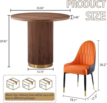 AF ARTISAN FURNITURE Modern Farmhouse Dining Table Set, 35.04" Round Table with 4 Leather Chairs, Wood & Gold Stainless Steel Base, Brown