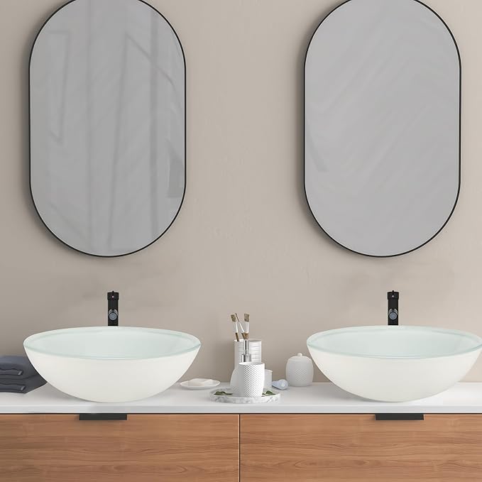 16.5" White Glass Vessel Sink with Faucet and Drain – Modern Round Countertop Bathroom Sink Bowl, Transparent Above Counter Vanity Basin for Small Spaces