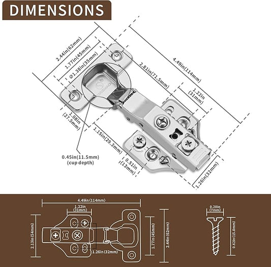 6 Pack Full Overlay Soft Close Cabinet Hinges Kitchen Cabinet Door Hinges with Screws 105° Frameless 3 Way Adjustable Soft Close Hinges for Cabinet Doors Bright Nickel