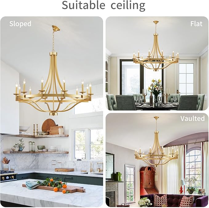 WUZUPS 12-Light Wagon Wheel Metal Candle Chandelier Round Pendant Ceiling Lighting Rustic Farmhouse Fixture Kitchen Island Dining Room, H 39.4" W10, E12 Base, Gold