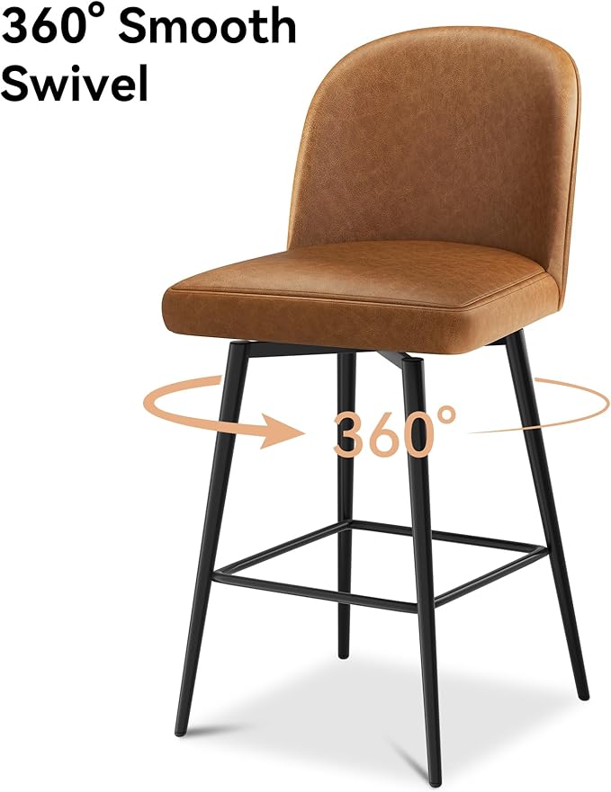 Swivel Bar Stools Set of 2, 26 Inch Faux Leather Counter Height Barstools with Back and Metal Frame, Upholstered Counter Stools for Kitchen Island, Dining Room, Pub, Saddle Brown
