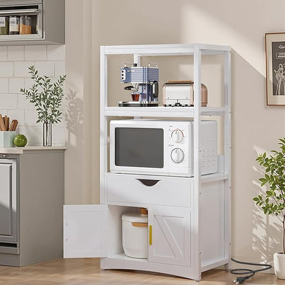 VECELO Freestanding Kitchen Pantry Cabinet, 2-Tier Storage Cupboard with Charging Station & Drawer, Extra Tall & Wide Microwave Shelf, Farmhouse Style, White