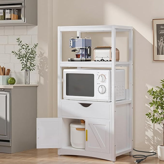 VECELO Freestanding Kitchen Pantry Cabinet, 2-Tier Storage Cupboard with Charging Station & Drawer, Extra Tall & Wide Microwave Shelf, Farmhouse Style, White