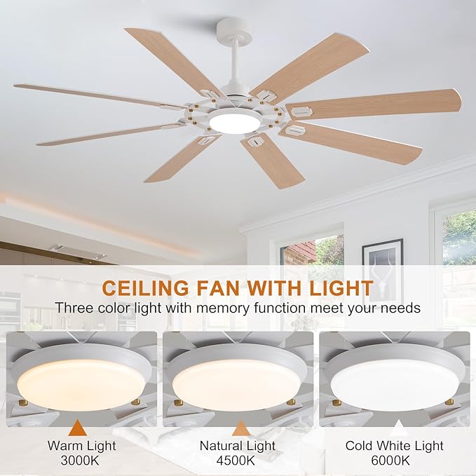 72 inch Ceiling Fans with Lights and Remote,8 Blades White Ceiling Fan with Light, Large Air Volume, Reversible Quiet DC Motor, Modern Ceiling Fans for Indoor Outdoor Living Room Large Room