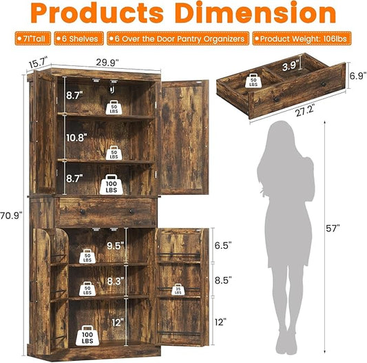 72" Tall Kitchen Pantry Cabinet, Rusty-Brown Pantry Storage Cabinet with Adjustable Shelves, Barn Doors and Drawer Farmhouse Cupboard for Kitchen, Dining Room, Bathroom (16" D x 30" W x 72" H)