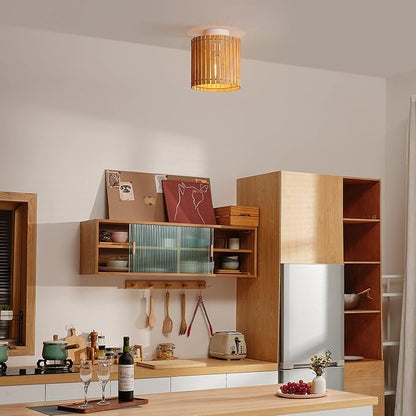 GLOBE Electric 65898 1-Light Flush Mount Ceiling Light, Matte White, Natural Bamboo Shade