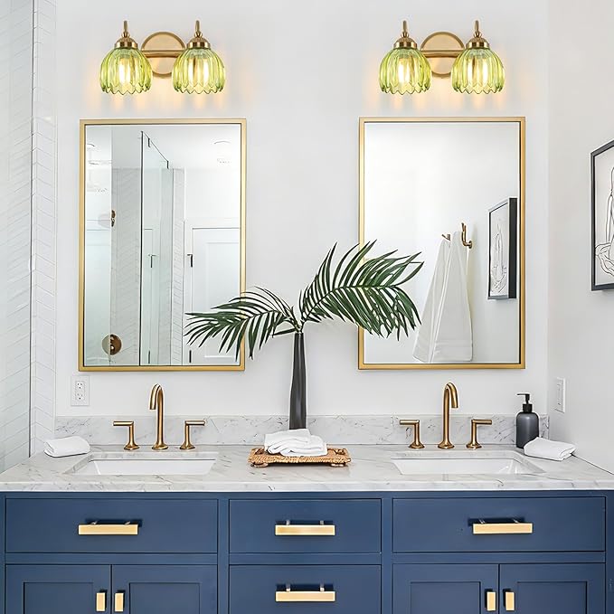 Vintage Bathroom Light Fixtures, Brass Vanity Lights with Green Tulip Glass Shade, Vanity Sconces for Bathroom Bedroom Living Room Hallway, 2-Light