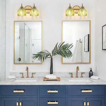 Vintage Bathroom Light Fixtures, Brass Vanity Lights with Green Tulip Glass Shade, Vanity Sconces for Bathroom Bedroom Living Room Hallway, 2-Light