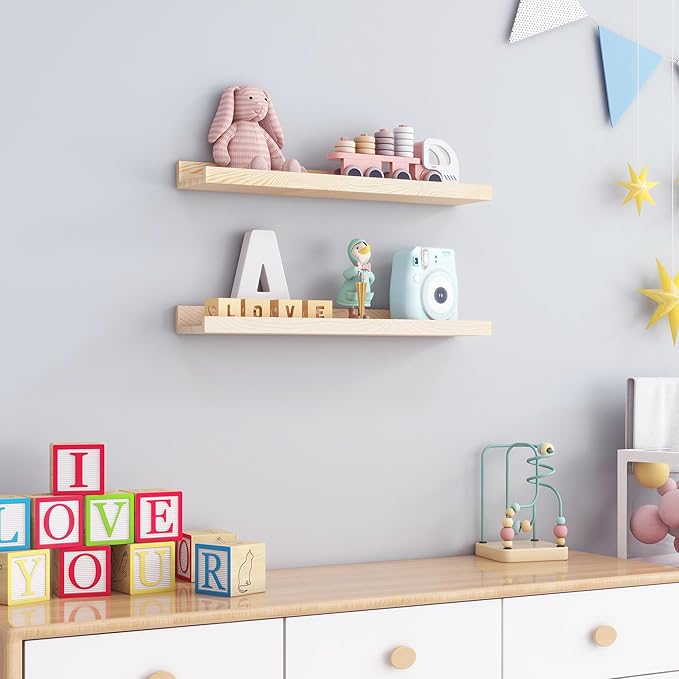 FLYJOE Picture Ledge Shelf for Wall, 24 inch Solid Ash Wood Nursery Book Shelves 2 Packs, Floating Shelves for Kids' Room Bedroom Bathroom Living Room Photo Frames Office Nursey Wall Decor, Natural