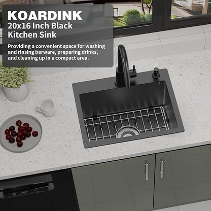 Black Kitchen And Bar Sink, 20x16 Inch Stainless Steel Drop In Kitchen Sink Modern Single Bowl Topmount Bar Sink Combo-SS Grid,Silicon Mat,Drain Strainer Set Compatibility With Various Kitchen & Bar