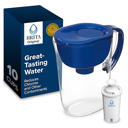 Brita Large 10-Cup Water Filter Pitcher, WQA NSF/ANSI Certified, Removes Chlorine Taste & Odor, Reduces Zinc, Copper & Mercury, 1 Standard Filter, Lasts 2 Months, Blue