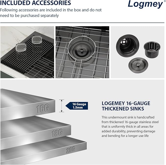 Logmey 30 In Drop in Kitchen Sink 30x19x9 PVD Nano Gun Black 16 Gauge Stainless Steel Single Bowl Sink with Bottom Grid Roll-up Drying Rack for Residential Kitchen & Utility Space