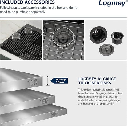 Logmey 33x19 Drop in Kitchen Sink Nano PVD Gunmetal Black Handmade Topmount Sinks 16 Gauge SUS304 Stainless Steel Single Bowl Sinks,Ideal for Home Cooking,Cleaning & Daily Kitchen Use,Noise Reduction