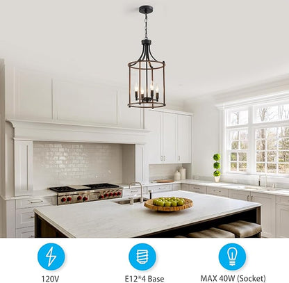 XINGQI Farmhouse Chandeliers for Dining Room,4 Light Hanging Lantern Black Wood Finish Pendant Lighting Fixture for Staircase Foyer Kitchen Island Dinning Room Living Room