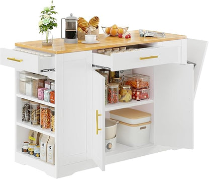 DWVO Large Kitchen Island with Trash Can Cabinet, 53 Inch Kitchen Island on Wheels, Rolling Island with Tilt-Out Garbage Storage Fits 13 Gallon Bin, Spice Rack and Drawer, for Dining Room, White