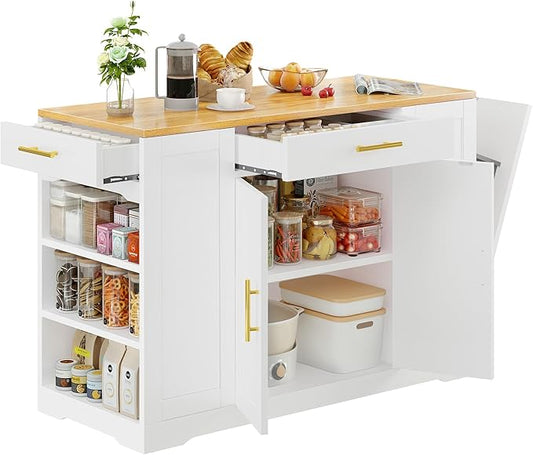DWVO Large Kitchen Island with Trash Can Cabinet, 53 Inch Kitchen Island on Wheels, Rolling Island with Tilt-Out Garbage Storage Fits 13 Gallon Bin, Spice Rack and Drawer, for Dining Room, White