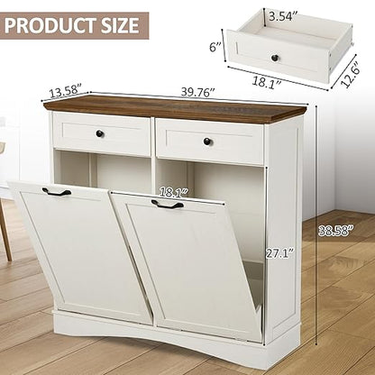 Double Tilt Out Trash Cabinet Freestanding Wooden Garbage Can Cabinet with Hideaway Drawers, 2x13 Gallons Pet Proof Garbage Can Holder for Kitchen Living Room