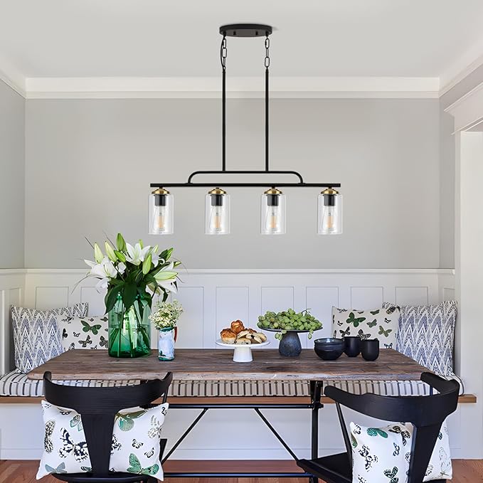 TWIG Kitchen Island Light Fixture/Chandelier Over Table,Farmhouse Modern Metal Hanging Light Fixtures for Dining Room with 4 Glass Shade