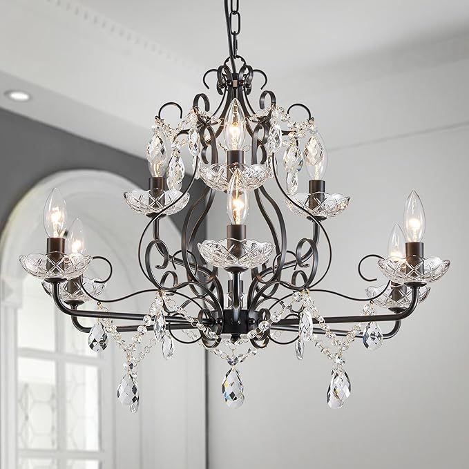 WUZUPS 9-Light Crystal Candle Chandelier Pendant Flushmount Ceiling Light Modern Lighting Fixture for Bedroom Hallway Bar Kitchen Bathroom, H 18.1" x W 25.6", Black, E12 Base