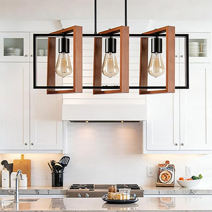 3-Light Island Lights for Kitchen, Rectangular Wood and Black Metal Kitchen Island Chandelier 23.6" Adjustable Rustic Modern Dining Room Light Fixtures Over Table, Chandeliers for Dining Room