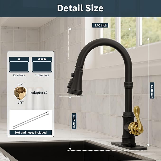 BWE Black Kitchen Faucet with Pull Down Sprayer and Gold Single Handle High Arc 3 Spray Modes Commercial Kitchen Sink Faucet Solid Brass with 10" Deck Plate for Kitchen Sink 1 or 3 Holes