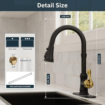 BWE Black Kitchen Faucet with Pull Down Sprayer and Gold Single Handle High Arc 3 Spray Modes Commercial Kitchen Sink Faucet Solid Brass with 10" Deck Plate for Kitchen Sink 1 or 3 Holes