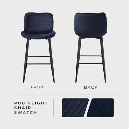 Lexicon Bar Stools Set of 2 - Bar Height Stools for Dining Room, Kitchen, Solid Padded Back, Tall, Black Metal Finish and Blue Velvet Cushion Seat, 29''SH