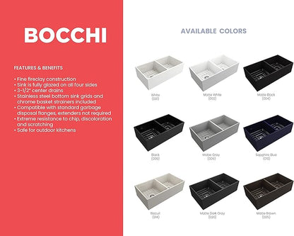 BOCCHI Contempo Farmhouse Apron Front Fireclay 36 in. Double Bowl Kitchen Sink with Protective Bottom Grid and Strainer in Biscuit