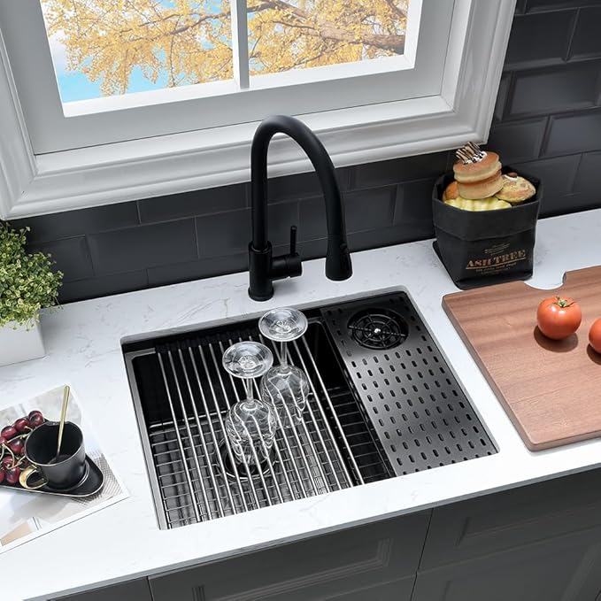 24 Inch Black Undermount Kitchen Sink with Glass Rinser-VASOYO 24x19 Black Kitchen Sink Undermount Workstation Wet Bar Sinks 16 Gauge Deep Single Bowl with Cup Washer