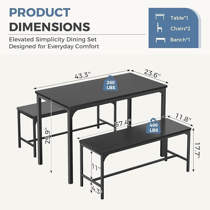 DUMOS Dining Table, Dining Table Set for 4 with Bench, Easy to Assemble Kitchen Table, Space-Saving Ideal 4-Person Set for Dining Room Kitchen Apartment Corner Dark Black 3 Pack