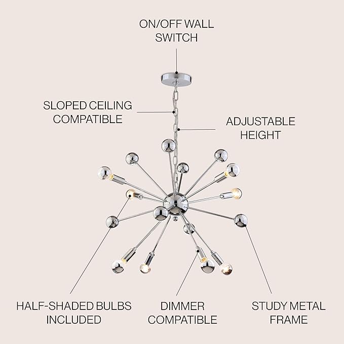 JONATHAN Y 22.5" Chrome 8-Light Metal Sputnik Chandelier, Adjustable Height Hanging Fixture for Living Room Dining Room Bedroom, Modern Transitional, LED Bulbs Included JYL9017A