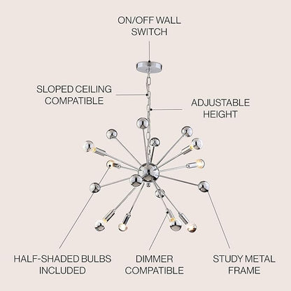JONATHAN Y 22.5" Chrome 8-Light Metal Sputnik Chandelier, Adjustable Height Hanging Fixture for Living Room Dining Room Bedroom, Modern Transitional, LED Bulbs Included JYL9017A
