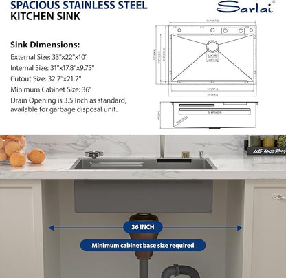 Sarlai 33 Inch Waterfall Kitchen Sink Drop In - 33x22 Waterfall Drop Workstation Stainless Steel 16 Gauge Multifunction Single Bowl Smart Top Mount Kitchen Sink with Faucet Combo