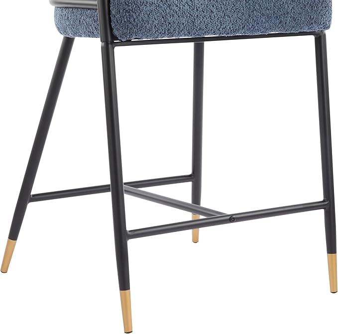 Set of 2 Upholstered Counter Stools - 26" Seat Height Navy Blue Boucle Stools with Sturdy Iron Frame, Gold Trim+Black Base, Contemporary Design for Kitchen Island/Home Bar/Dining Area