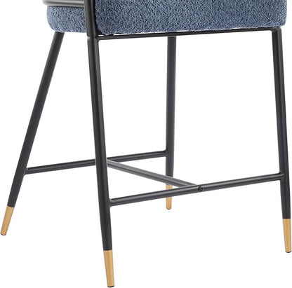 Set of 2 Upholstered Counter Stools - 26" Seat Height Navy Blue Boucle Stools with Sturdy Iron Frame, Gold Trim+Black Base, Contemporary Design for Kitchen Island/Home Bar/Dining Area