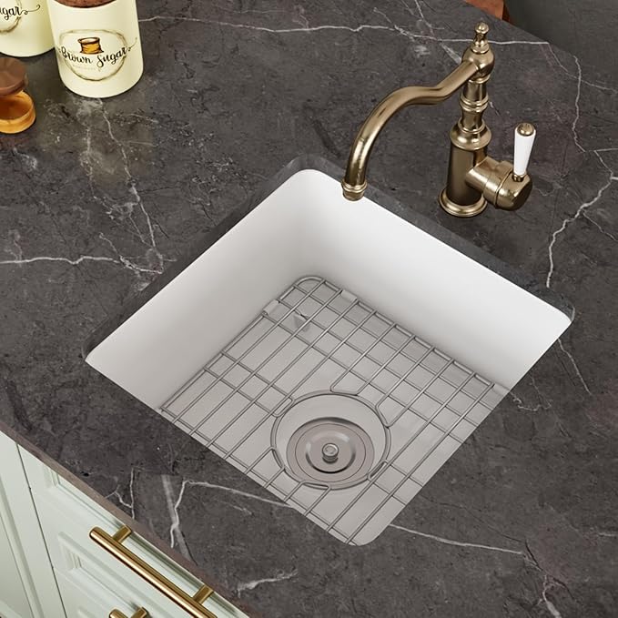 DeerValley Undermount Kitchen Sink 18" L x 18" W Fireclay Single Bowl Kitchen Sink Square Bar Sink with Sink Grid and Basket Strainer
