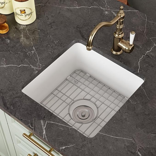 DeerValley Undermount Kitchen Sink 18" L x 18" W Fireclay Single Bowl Kitchen Sink Square Bar Sink with Sink Grid and Basket Strainer