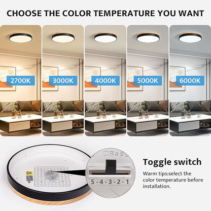 WOKNOS Modern Dimmable LED Close to Ceiling Light Minimalist Wood Oak Flush Mount Ceiling Light Fixture Circle Lighting for Bedroom Living Room Bathroom Laundry Room (Black, 15.7'')