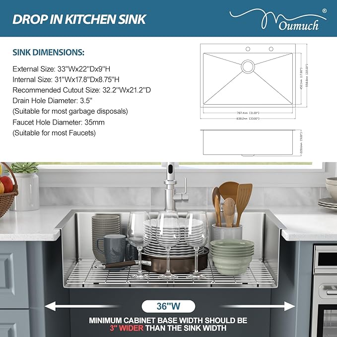 33 Inch Drop In Kitchen Sink - Oumuch 33x22x9 Inch Stainless Steel Kitchen Sinks Single Bowl Drop In Sink 16 Gauge Single Bowl Topmount Sink