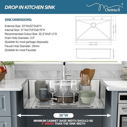 33 Inch Drop In Kitchen Sink - Oumuch 33x22x9 Inch Stainless Steel Kitchen Sinks Single Bowl Drop In Sink 16 Gauge Single Bowl Topmount Sink