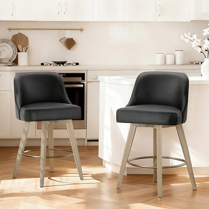 Counter Height Bar Stools Set of 2, Modern Swivel Barstools with Back and Wood Legs, Faux Leather Upholstered Bar Chairs, 26" Seat Height Counter Stools for Kitchen Island,Black