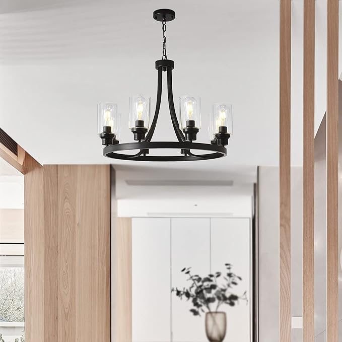 Black Wagon Wheel Chandelier 8 Lights, Rustic Chandelier Kitchen Island Lighting Industrial Chandelier with Clear Glass Shade, Farmhouse Pendant Light for Dining Room Living Room Bedroom