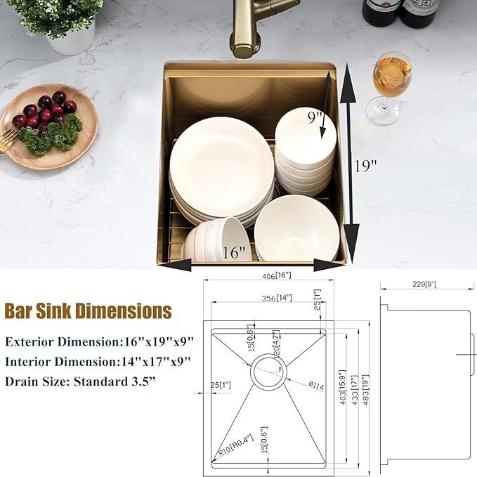 Gold Undermount Bar Sink Workstation,16x19 Small Kitchen Sink Brushed Gold Bar Sinks Undermount 18 Gauge Single Bowl Stainless Steel Kitchen Sinks with Cutting Board