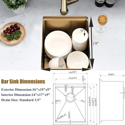 Gold Undermount Bar Sink Workstation,16x19 Small Kitchen Sink Brushed Gold Bar Sinks Undermount 18 Gauge Single Bowl Stainless Steel Kitchen Sinks with Cutting Board