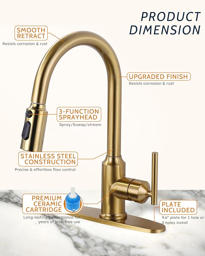WOWOW Kitchen Faucets with Pull Down Sprayer, Gold Kitchen Faucet with Sprayer, 304 Stainless Steel High Arc Single Handle Pull Down Kitchen Faucet for Kitchen Sink Faucet with Soap Dispenser