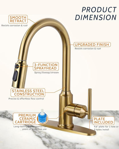 WOWOW Kitchen Faucets with Pull Down Sprayer, Gold Kitchen Faucet with Sprayer, 304 Stainless Steel High Arc Single Handle Pull Down Kitchen Faucet for Kitchen Sink Faucet with Soap Dispenser