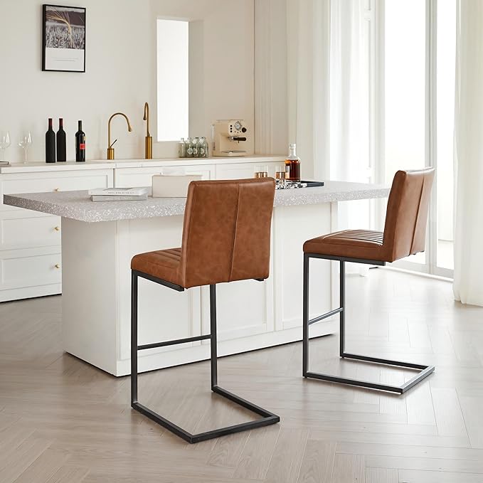 26" Counter Height Bar Stools Set of 2, Modern Upholstered Chairs with Vertical Tufted Backrest & Footrest, Metal Frame for Kitchen Island, Home Bar (Cognac PU Leather)